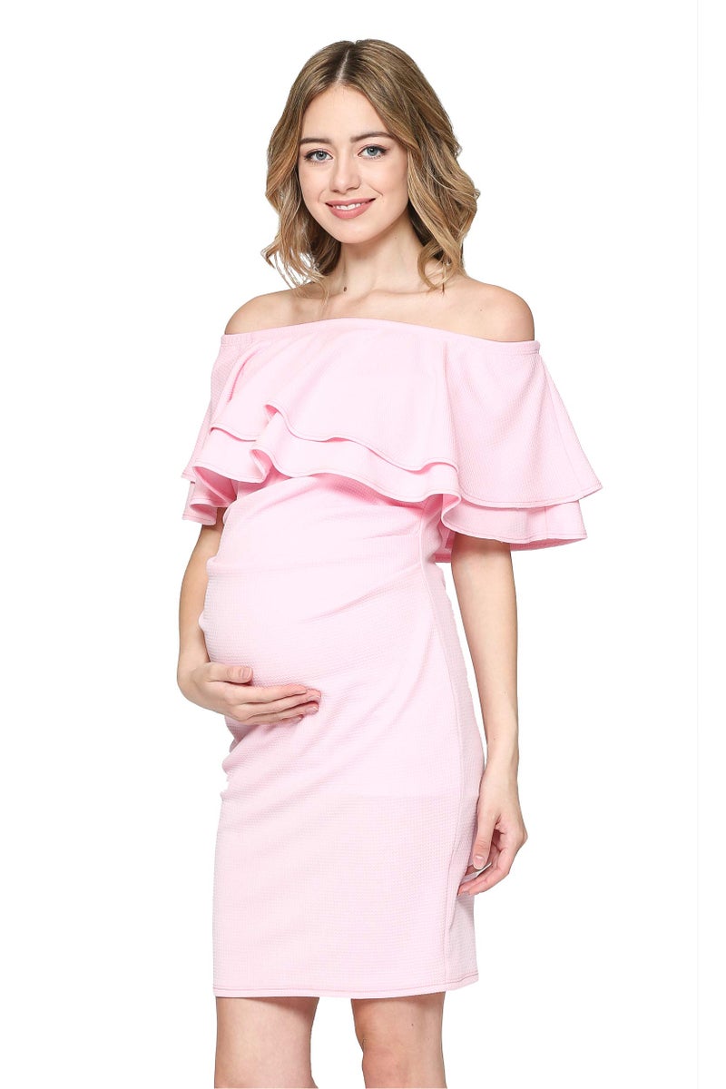 LaClef Women's Off Shoulder Maternity Dress with Double Ruffle, Pink, Medium - Image 4